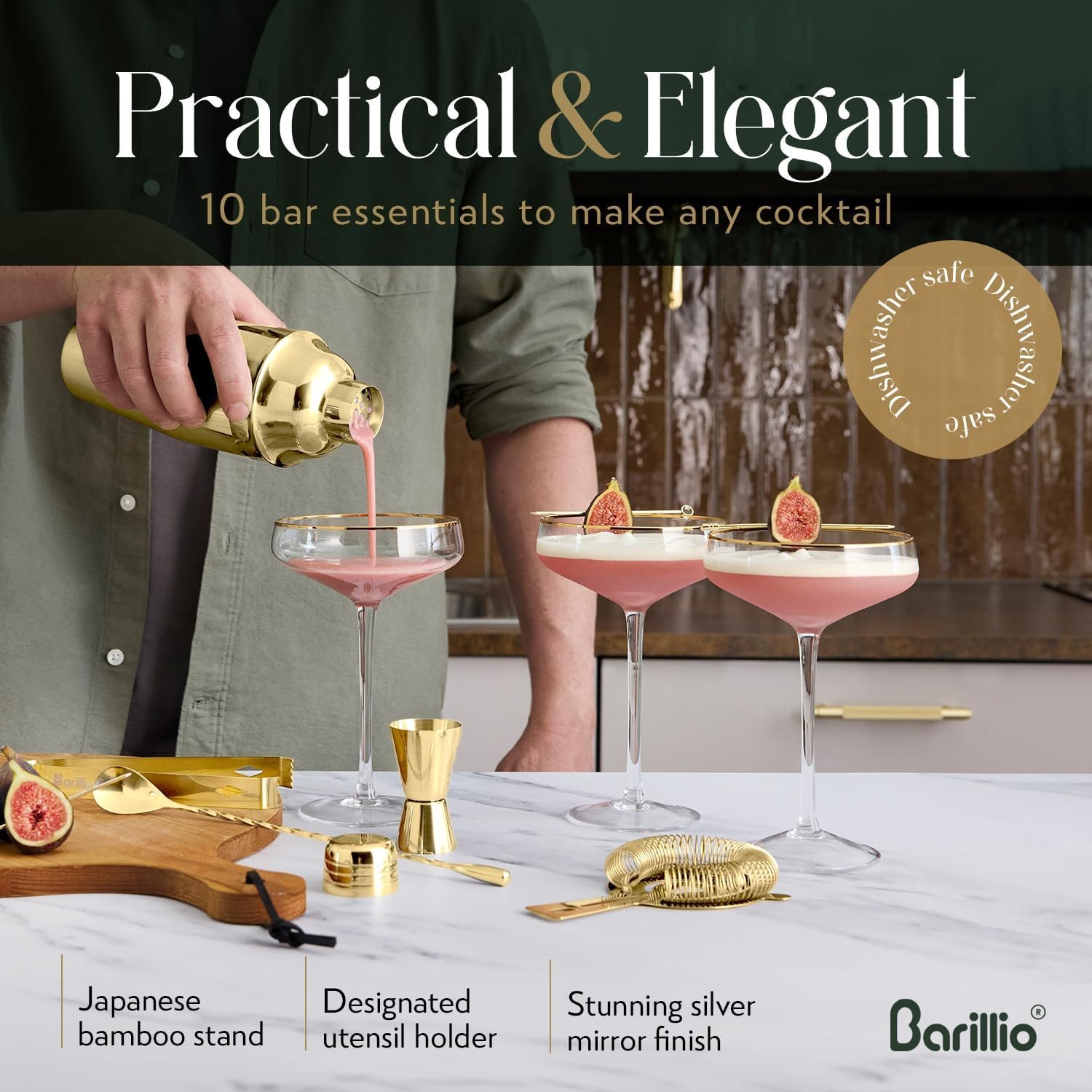 Barillio Gold Bartender Kit - Stainless-Steel Cocktail Shaker Set w/Bamboo Stand - Mixology Bar Tools w/Shaker, Drink Mixer Spoon & Muddler for Cocktails - Home Bar Accessories - 10-Pc Bar Set - Image 6