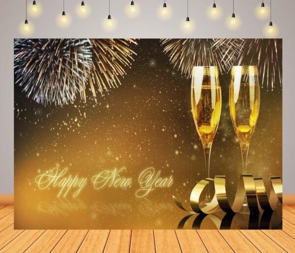 15x10ft Fabric Happy New Year Backdrop Champagne Glasses and Fireworks Gold Shining Background Cheers to The New Year Festival Celebration Holiday Party Decorations Photo Studio Props - Image 3