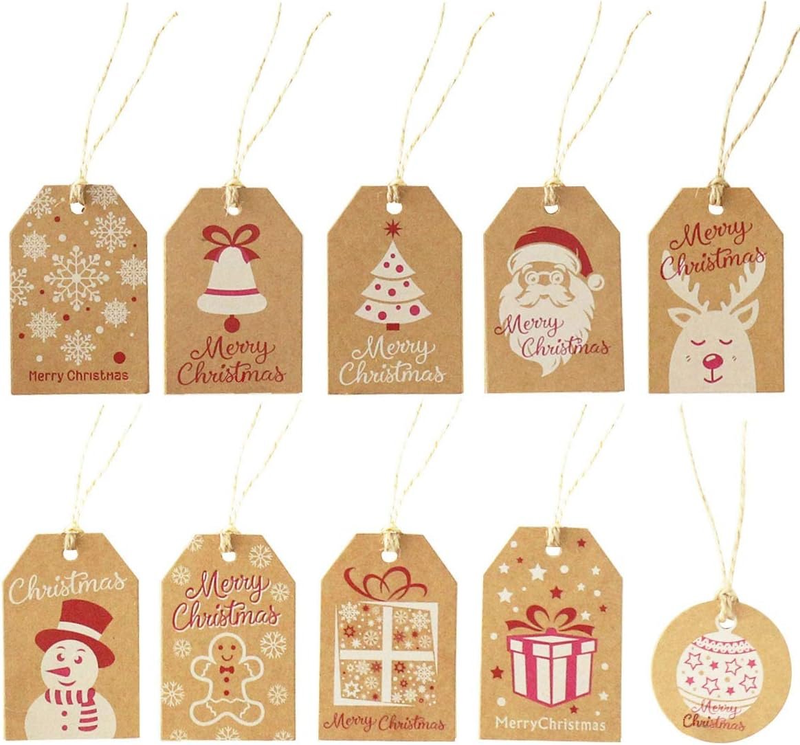 100 Pack Brown Kraft Paper Christmas Gift Tags, Xmas Brown Kraft Gift Tags with Jute Twine Baker Twine for DIY Xmas Holiday Present Wrap Stamp and Label Package Name Card - Image 4