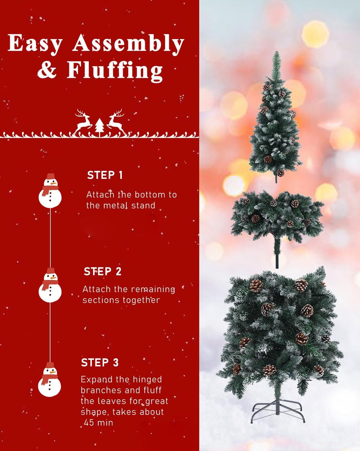 AORESAC 6.5ft Pre-Lit Pencil Christmas Tree for Home, Office, Party Decoration, Artificial Snow Flocked Design w/ 350 LED Lights & 699 PVC Branch Tips and Pine Cones, Metal Hinges & Base - Image 7