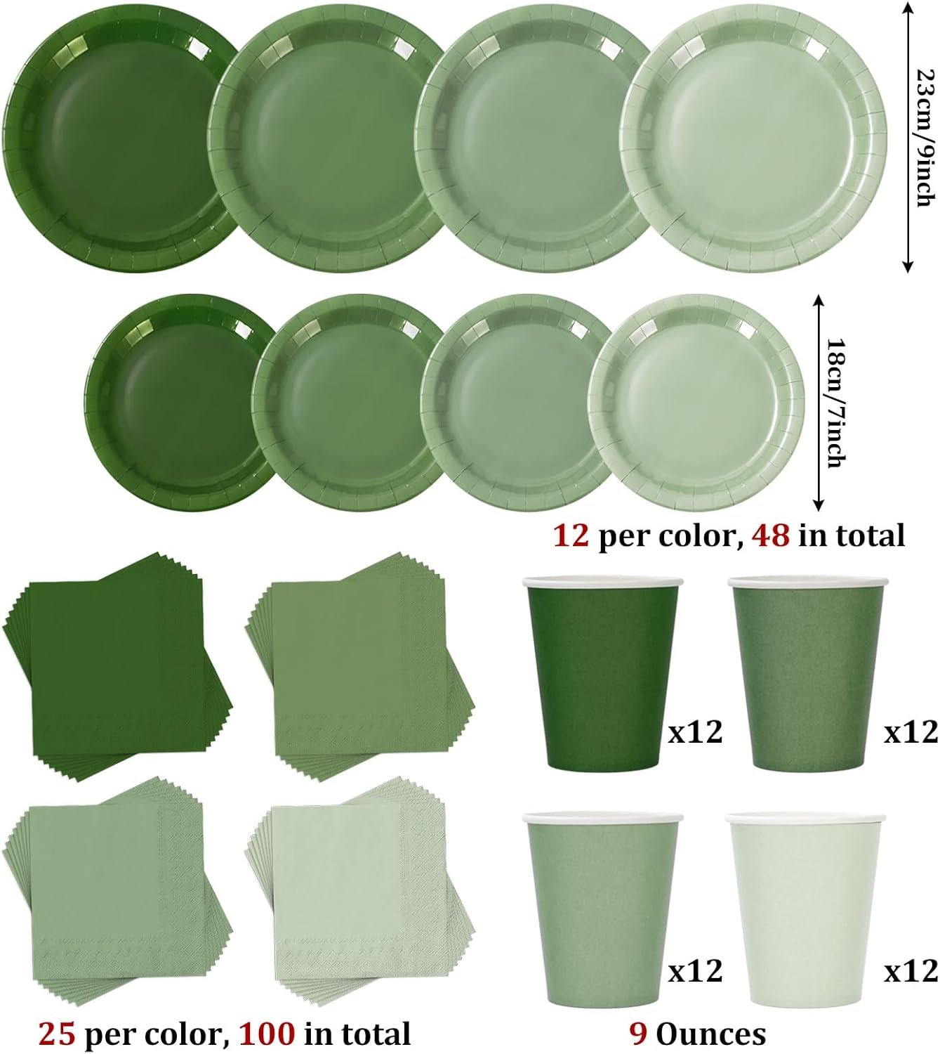 Whaline 244Pcs Sage Green Tableware Set Serves 48 Gradient Green Disposable Dinnerware 48 9" Plates 48 7" Plate 48 9oz Cups 100 Napkins for Wedding Birthday Party Supplies - Image 3