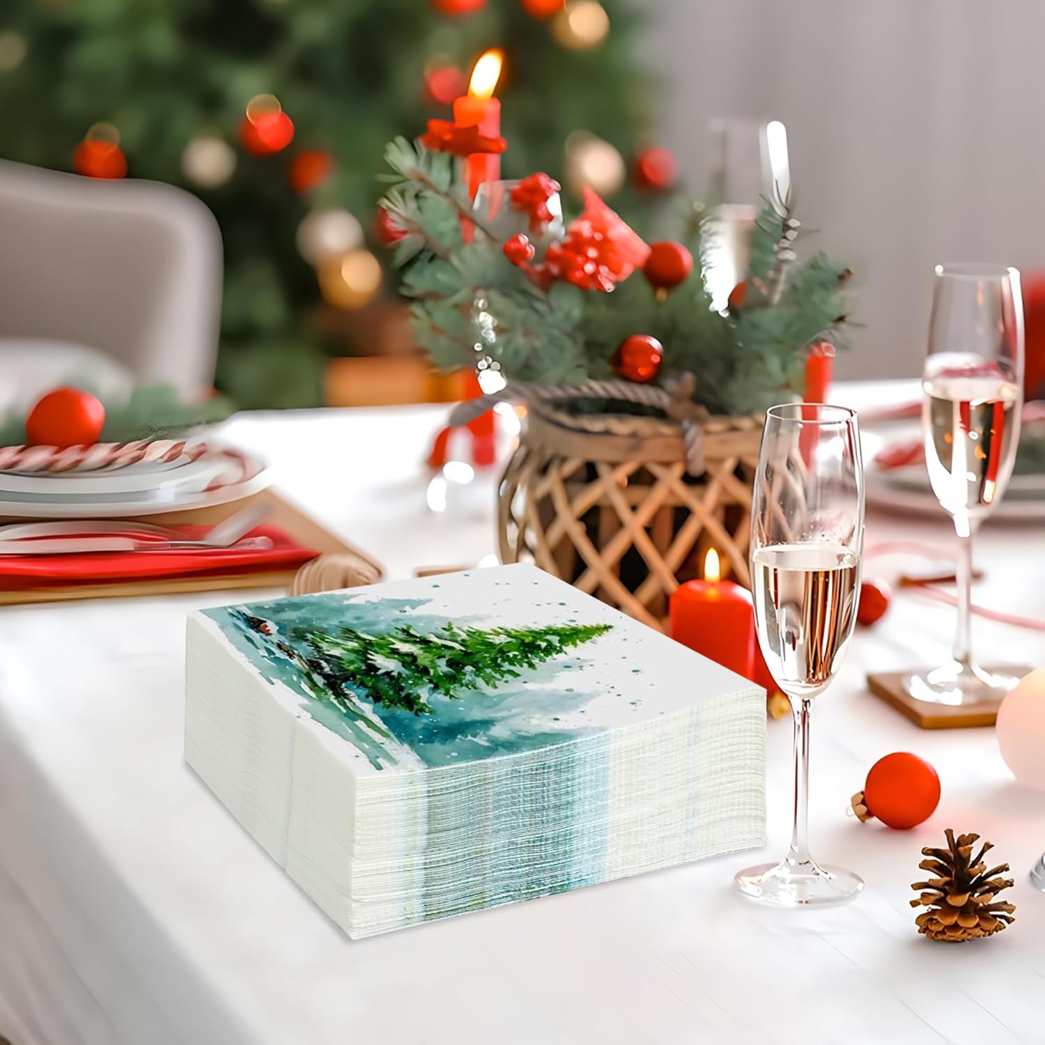 100 PCS Christmas Party Napkins Disposable 6.5 Inch Watercolor Christmas Tree Paper Napkins 3-ply Xmas Greenery Luncheon Dinner Napkins for Winter Christmas Holiday Party Supply - Image 8