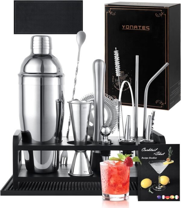 Cocktail Shaker Set, 16PCS Bartender Kit with Stand & Recipes, Bar Mat for Cocktail, Bar Tools Set with All Bar Essential Accessories Bartending Kit, for Drink Mixing Home Bar Party, Silver - Image 2