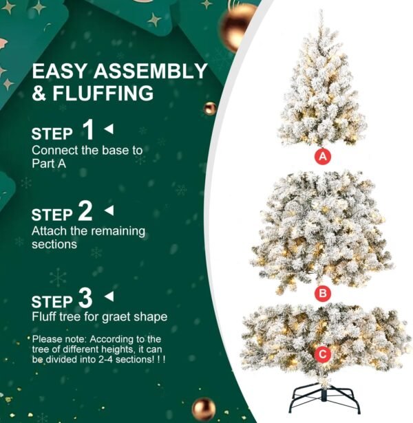 MERITLINE Pre-Lit Artificial Christmas Tree with Lights, 7FT Snow Flocked Design Holiday Decoration Xmas Tree with 1064 Branch Tips, 300 Tungsten Lamp String/Easy Assembly, Metal Stand - Image 3
