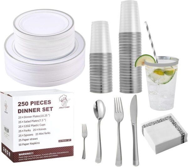 250 Count Silver Disposable Plastic Dinnerware Set, 50 Silver Plastic Plates, 25 Plastic Silverware, 25 Silver Cups and Straws, 50 Napkins, Perfect for Wedding Party - Image 2
