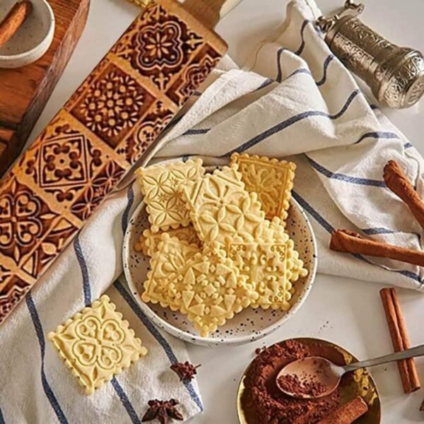 Cookie Stamp Roller Press Biscuit Maker Wooden with Vintage and Traditional Pattern Kitchen Tools Making Funny Food for Kids(Vintage pattern) - Image 3