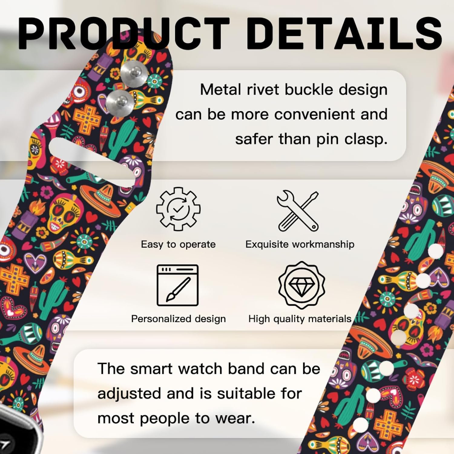 Dia De Los Muertos Day Of The Dead Mexican Watch Bands Compatible with Apple Watch Band 38mm 40mm 41mm 42mm 44mm 45mm 49mm for Women Men, Soft Sport Strap Silicone Replacement Wristband for iWatch - Image 8