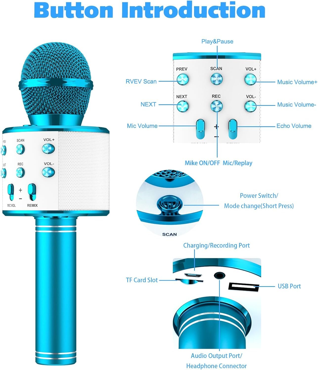 Ankuka Kids Karaoke Microphone 2 Pack, Bluetooth Wireless Karaoke Microphone for Singing Portable Handheld Mic Speaker Machine, Kids Toys for Girls Boy Gift for Birthday Party, Home KTV(Blue) - Image 8