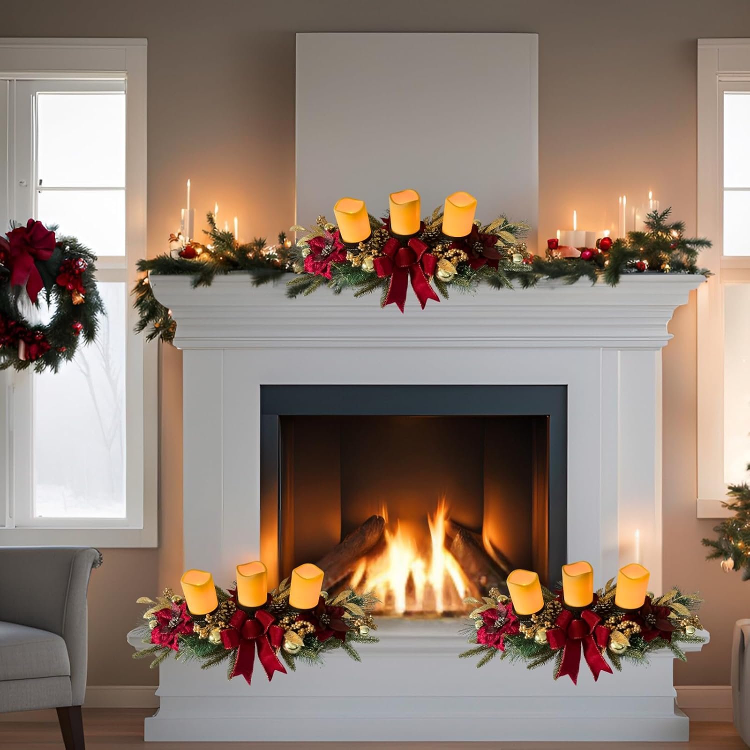 Christmas Candle Holder Christmas Decorations 3 Candle Holders with Red Poinsettia Flowers Decorative Bow Golden Pine Branches Pinecones Berries for Table Centerpiece - Image 8