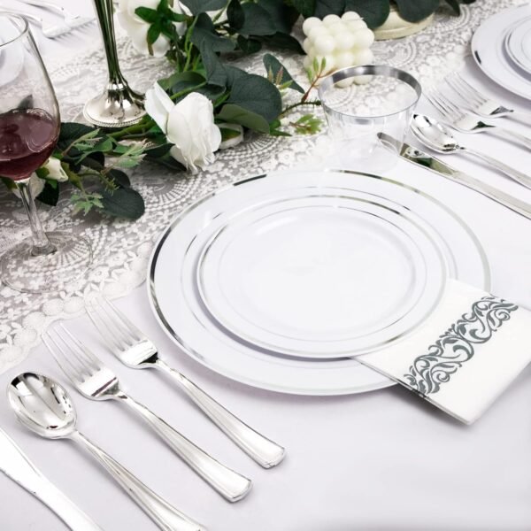 bUCLA 350PCS Silver Plastic Dinnerware Set for 50 Guests - Silver Plastic Plates Disposable for Party Include 50 Dinner Plates,50 Dessert Plates,50 Forks,50 Knives,50 Spoons,50Cups,50 Napkins - Image 6