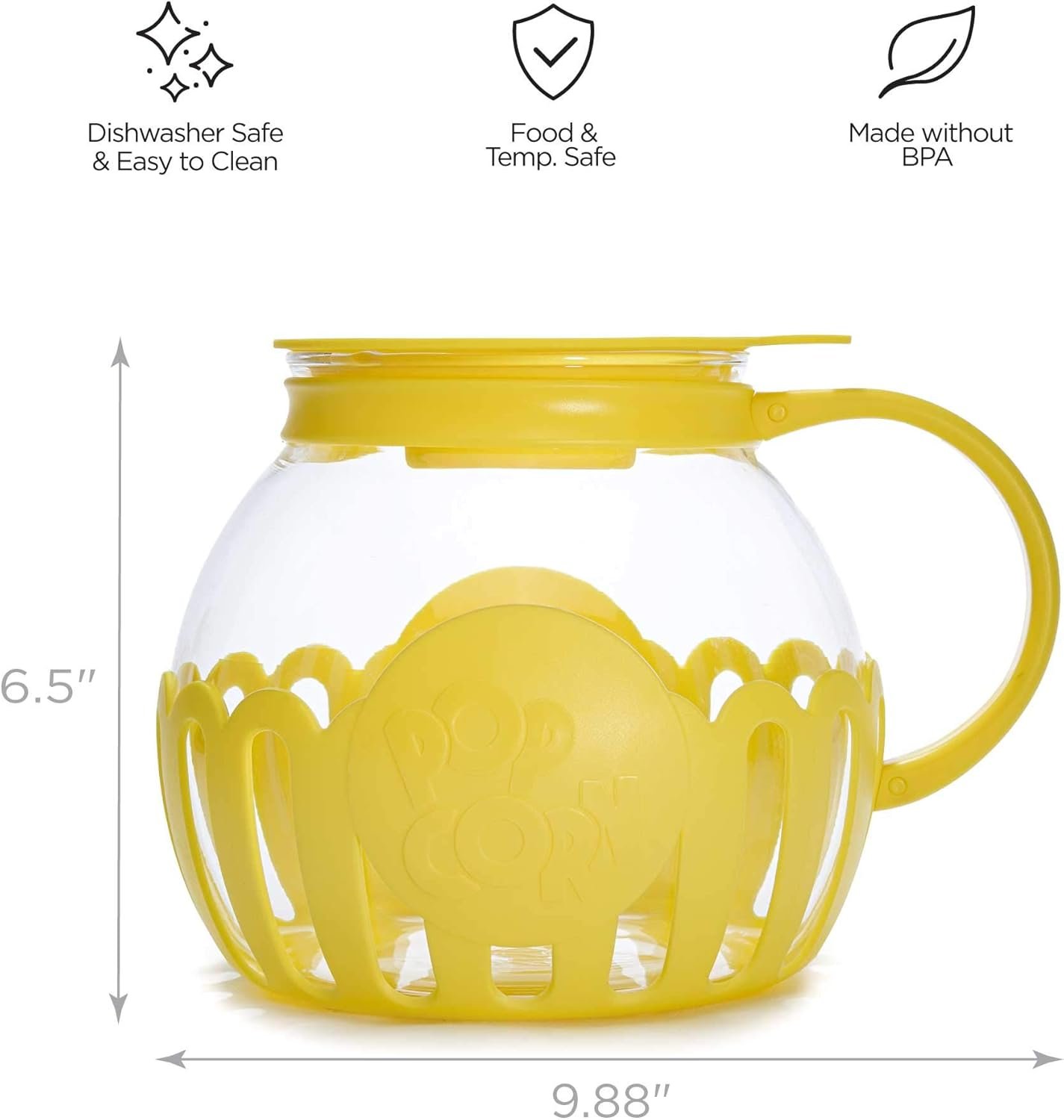 Ecolution Patented Micro-Pop Microwave Popcorn Popper with Temperature Safe Glass, 3-in-1 Lid Measures Kernels and Melts Butter, Made Without BPA, Dishwasher Safe, 3-Quart, Yellow - Image 7