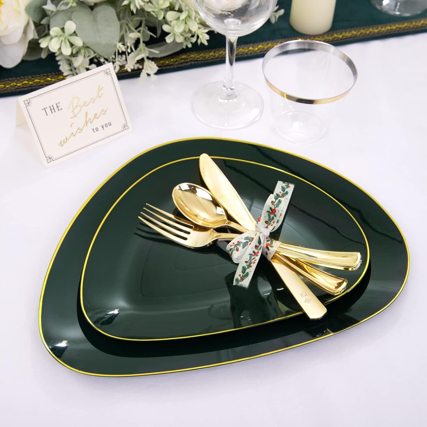 DaYammi 180Pcs Christmas Green Plastic Plates, Green Gold Disposable Plates with Gold Tableware Gold Dinnerware Set Include: 30 Dinner Plates 30 Dessert Plates 90 Gold Cutlery 30 Cups for Party - Image 4