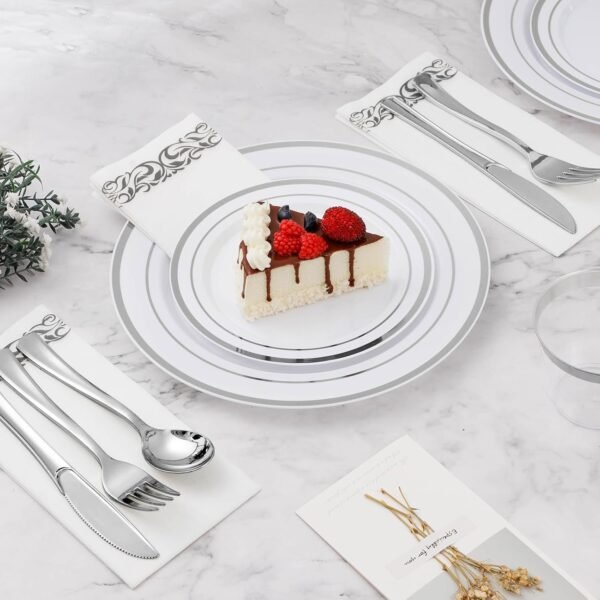 175 PCS Silver Dinnerware Set for 100 Guests, Plastic Dinnerware Set for Party, Include: 25 Silver Dinner Plates，25 Dessert Plates, 25 Silver Plastic Silverware Set, 25 Cups, 25 Paper Napkins - Image 4