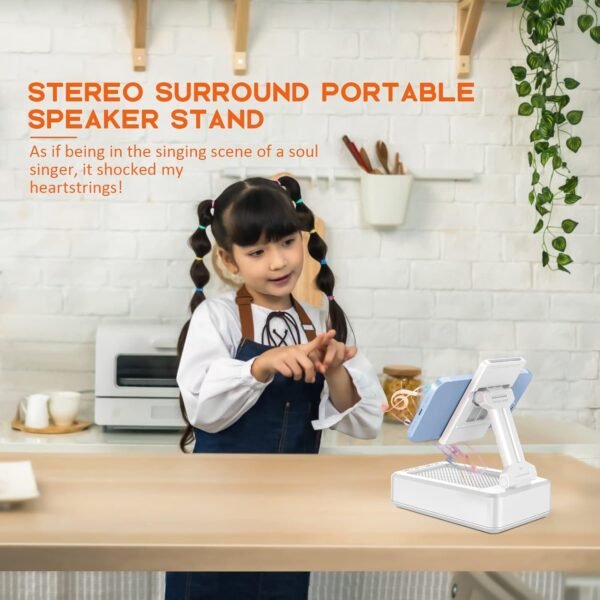 Cell Phone Stand with Wireless Bluetooth Speaker, Adjustable HD Surround Sound Cell Phone Speaker, Anti-Slip Phone Holder for Desk, Compatible with Any Smartphones - Image 6