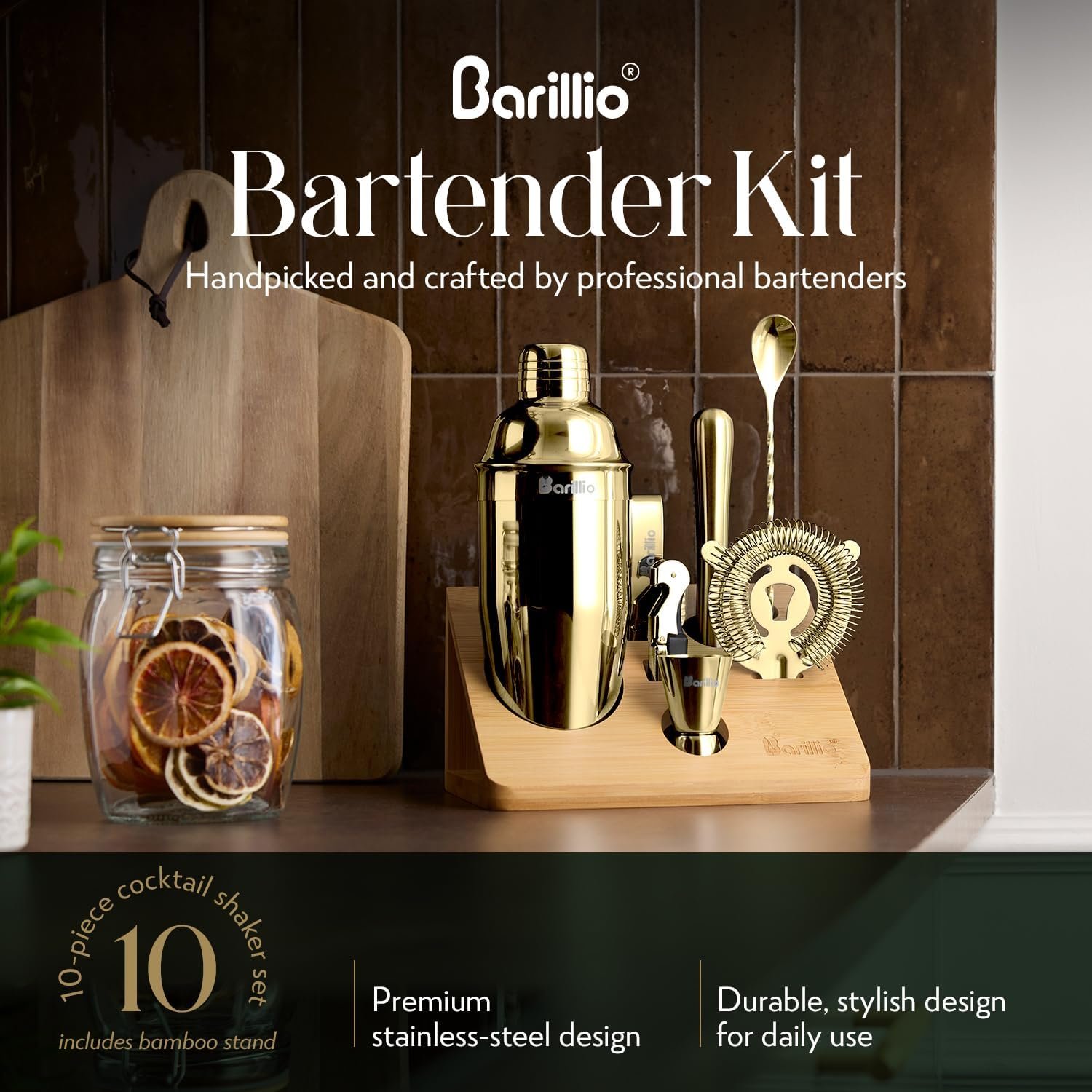 Barillio Gold Bartender Kit - Stainless-Steel Cocktail Shaker Set w/Bamboo Stand - Mixology Bar Tools w/Shaker, Drink Mixer Spoon & Muddler for Cocktails - Home Bar Accessories - 10-Pc Bar Set - Image 4