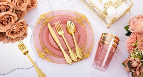 Hioasis 175pcs Clear Burgundy Plastic Plates,Burgundy Red Disposable Plates include 25 Dinner Plates 25 Dessert Plates 25Knives 25Forks 25Spoons 25Cups 25Napkins Perfect for Wedding&Parties - Image 9