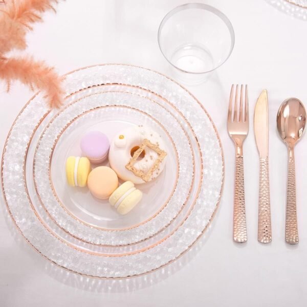 Ciaell 150PCS Rose Gold Plastic Plates – Disposable Rose Gold Plates with Rose Gold Plastic Silverware include 50Plates, 25Forks, 25Knives, 25Spoons, 25Cups for Wedding & Party - Image 3