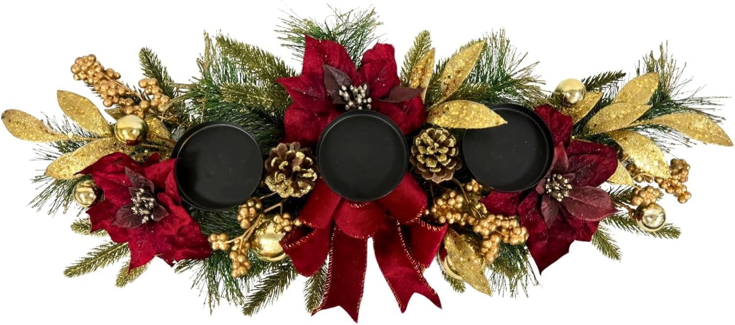 Christmas Candle Holder Christmas Decorations 3 Candle Holders with Red Poinsettia Flowers Decorative Bow Golden Pine Branches Pinecones Berries for Table Centerpiece - Image 3