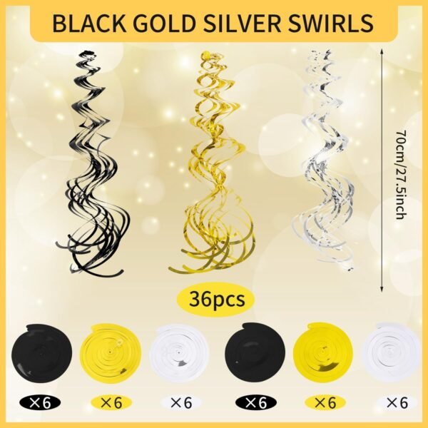 36Pcs Black and Gold Hanging Swirl Party Decorations, Black Silver Gold Ceiling Swirl Foil Streamers Party Supplies, Wedding Baby Shower Birthday Graduation Christmas New Year Party Decoration - Image 4