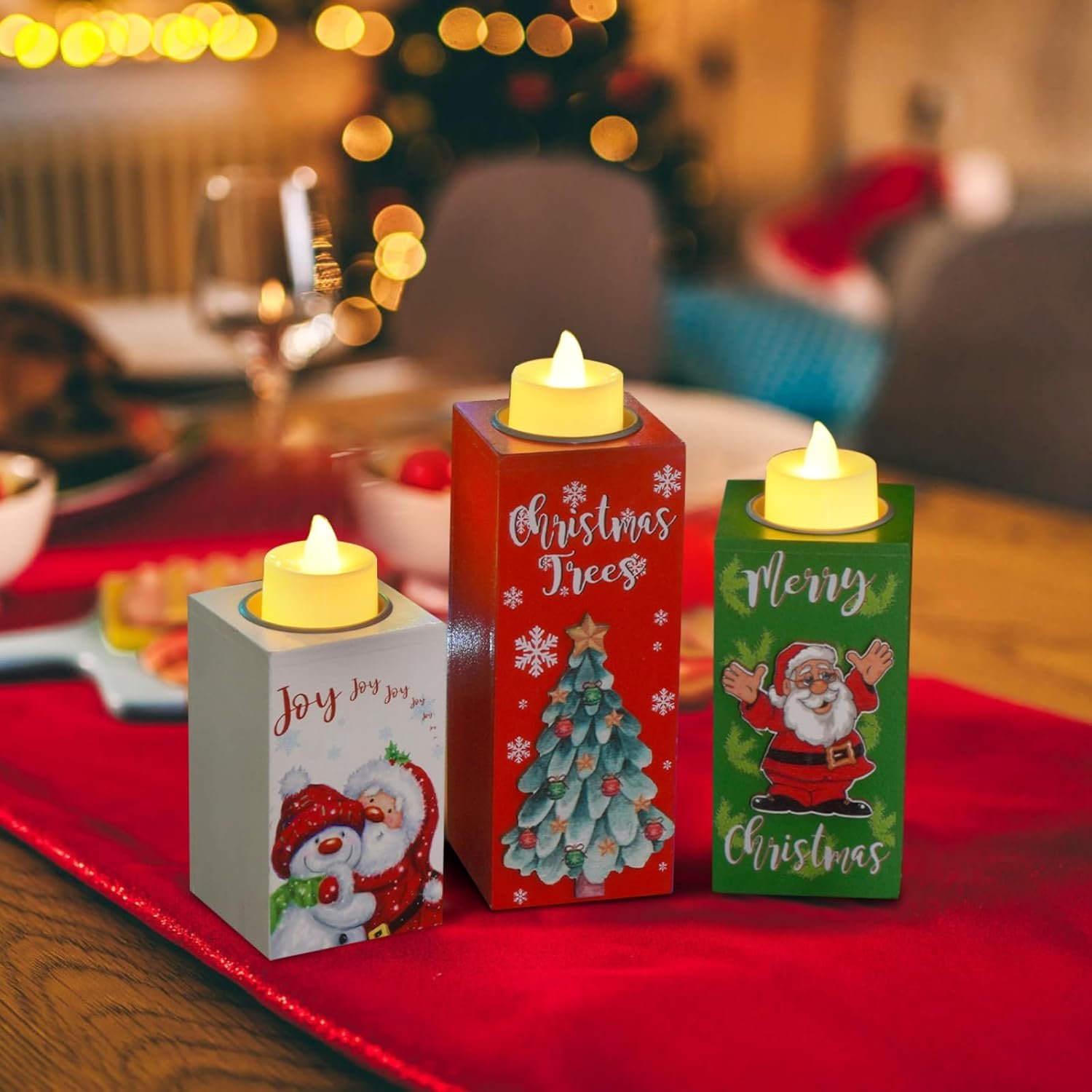3Pcs Christmas Candle Holders with Battery Operated Tea Lights Candles, Flameless Candles with Wooden Candles Holder, Tealight Candle Holder for Christmas Tabletop Decorations/Gifts - Image 4