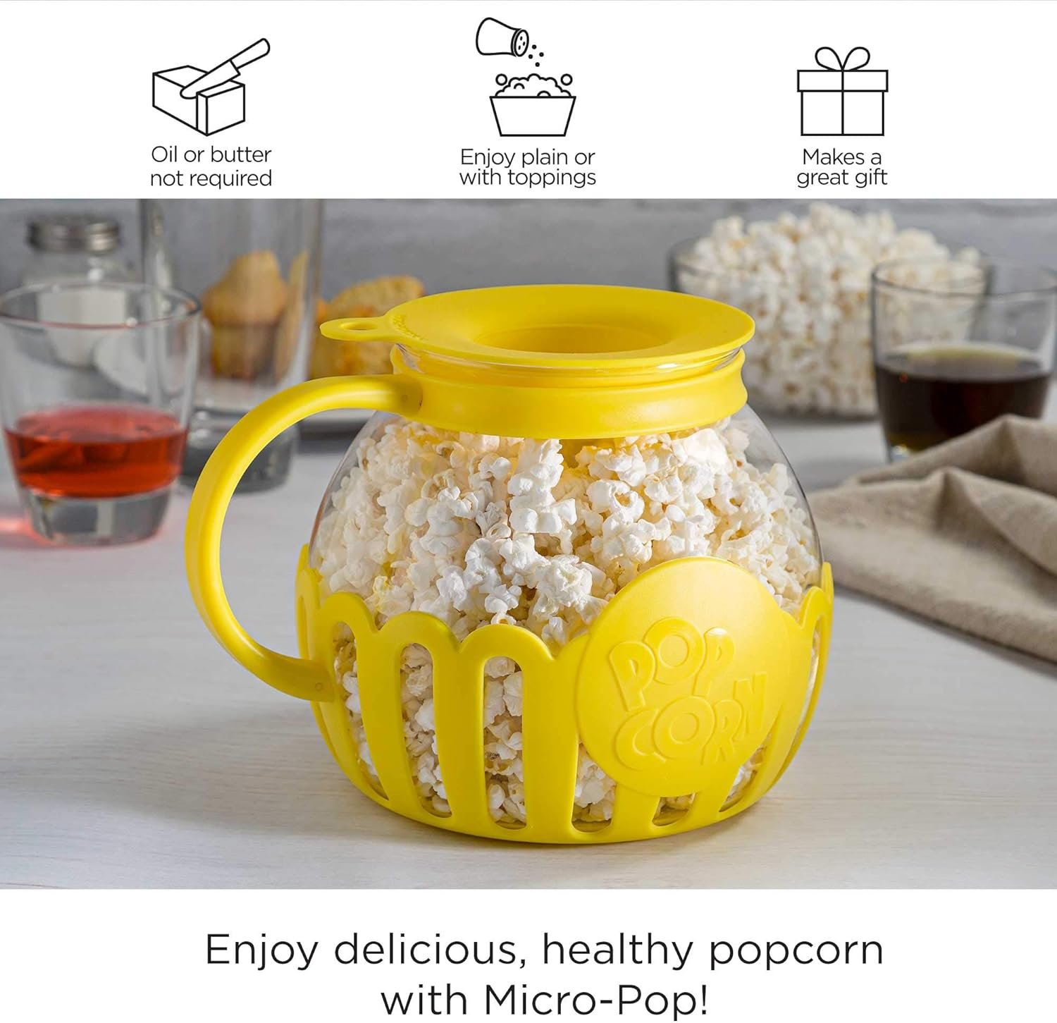 Ecolution Patented Micro-Pop Microwave Popcorn Popper with Temperature Safe Glass, 3-in-1 Lid Measures Kernels and Melts Butter, Made Without BPA, Dishwasher Safe, 3-Quart, Yellow - Image 4