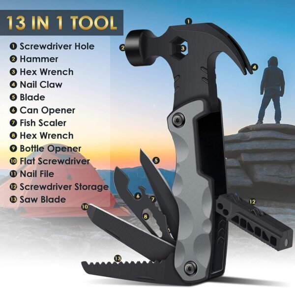 Multitool Camping Accessories Stocking Stuffers for Men Dad Gifts, 13 In 1 Survival Multi Tools Hammer Christmas Cool Gadgets for Adults Him Boyfriend Husband Grandpa Women Birthday Valentines Fathers - Image 4