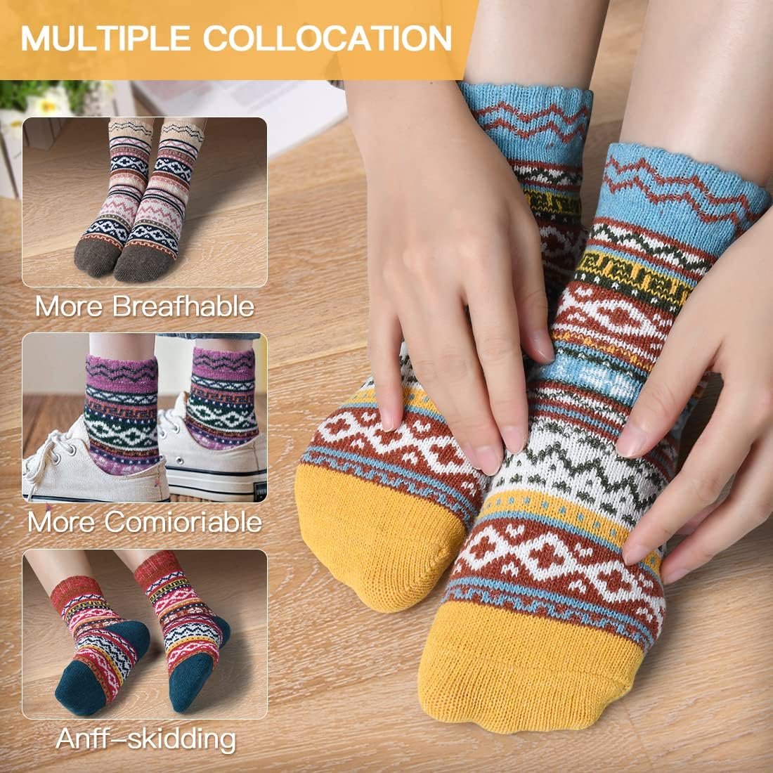 FYC Winter Womens Socks Wool Warm Thick Knit Cozy Crew Casual Vintage Soft Socks for Women Christmas Gifts Socks 5 Pairs - Image 6