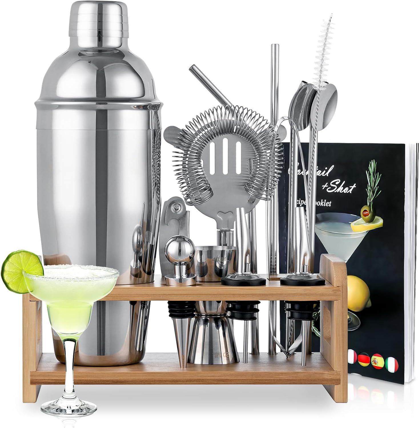 15PCS Cocktail Shaker Set, 750ml/25oz Bartender Kit with Stand & Recipes, Bar Tools Set with All Bar Essential Accessories,Martini Shaker Bartending Kit, for Drink Mixing Home Bar Party, Silver - Image 2