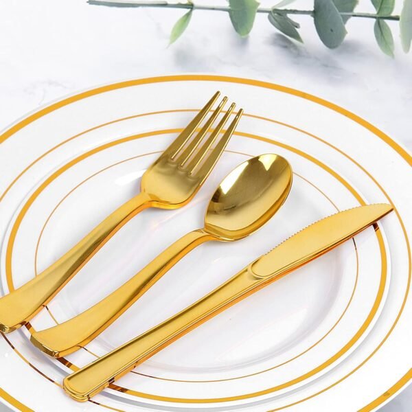 BAYZZ 175 Piece Gold Dinnerware Set, 25 Guest Gold Rim Plastic Plates, 25 Gold Plastic Silverware, 25 Gold Cups, 25 Gold Napkins, Disposable Dinnerware Set 25 Guest, For Wedding, Party - Image 5