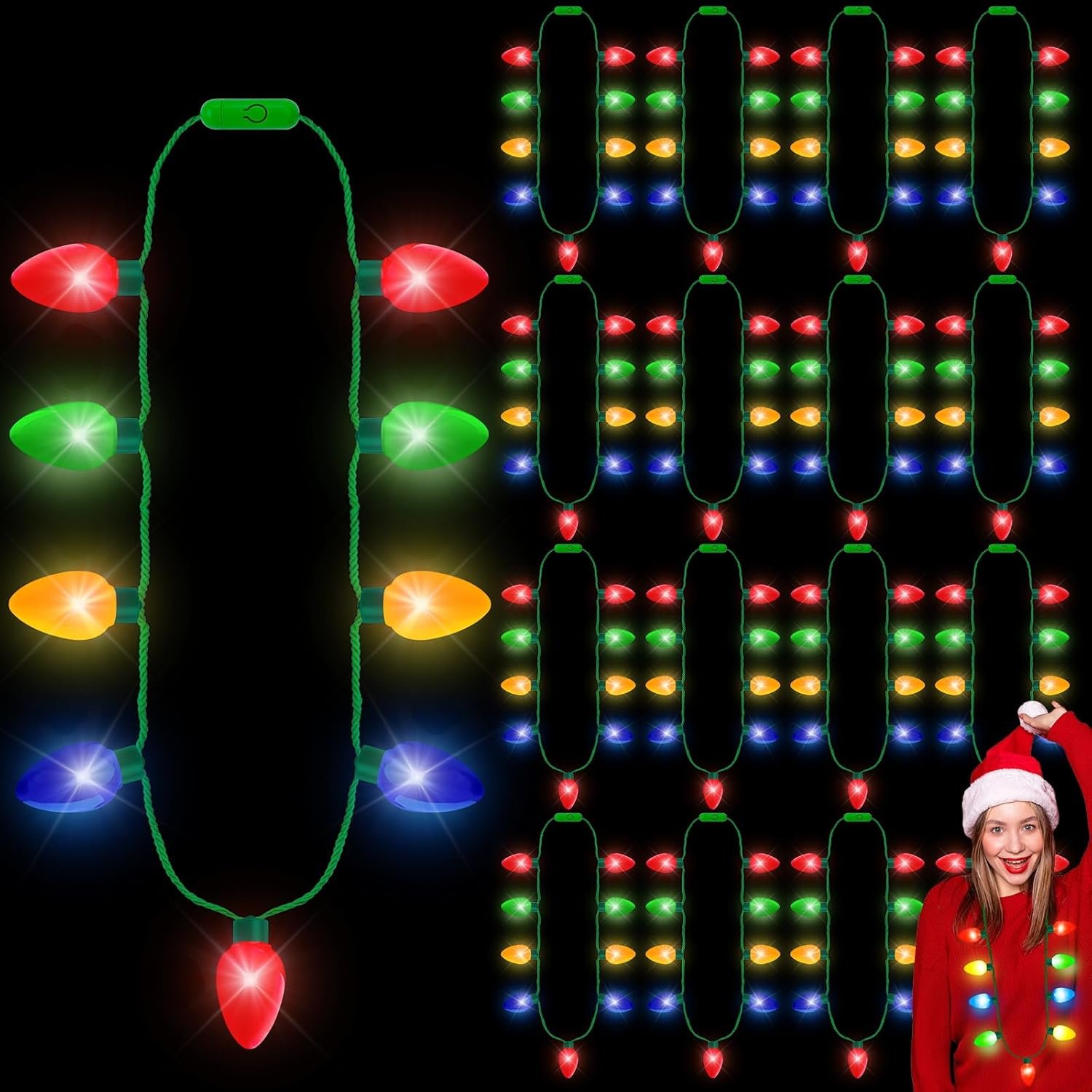 16PCS Christmas Light Necklace, Christmas Party Favors for Kids, 3 Modes Light Up Christmas Necklace, Colorful Christmas Party Supplies with 9 Bulbs Glow Necklaces for Adults Party Accessories - Image 2