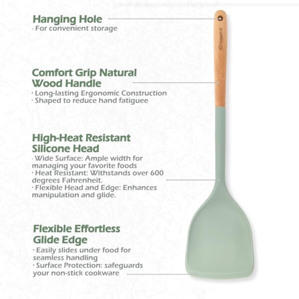 Set of 3 Kitchen Essentials Utensils Set of Silicone Spatulas 15 inches Large Heat Resistant 600F Cooking Baking Non Slip Handles Won't scratch Cookware, Turner Rubber Spatula Ladle Espatula (Green) - Image 4