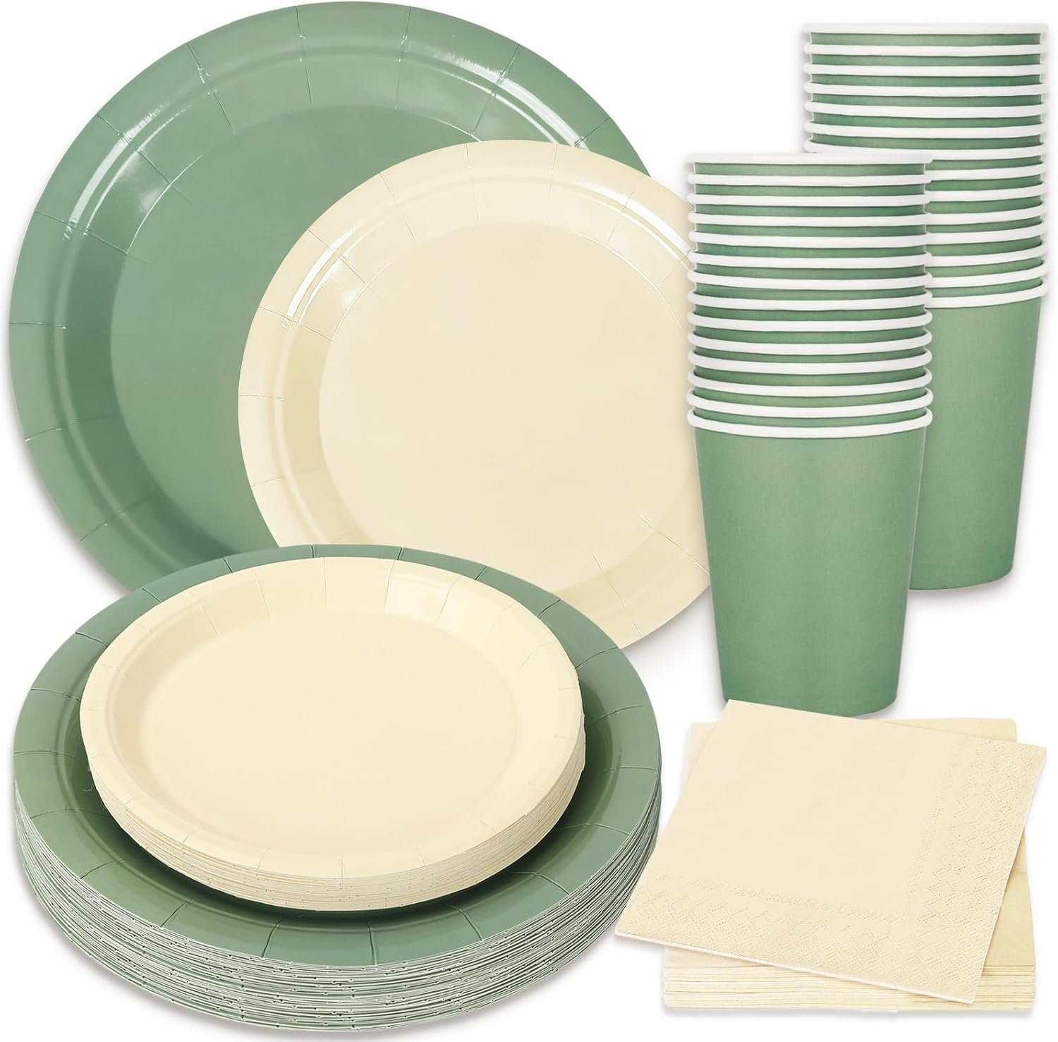 Whaline 100Pcs Ivory Sage Green Tableware Set Wedding Disposable Dinnerware 50Pcs Paper Plates 25Pcs Napkin 25Pcs Cups For Birthday Party Supplies Table Decor - Image 2