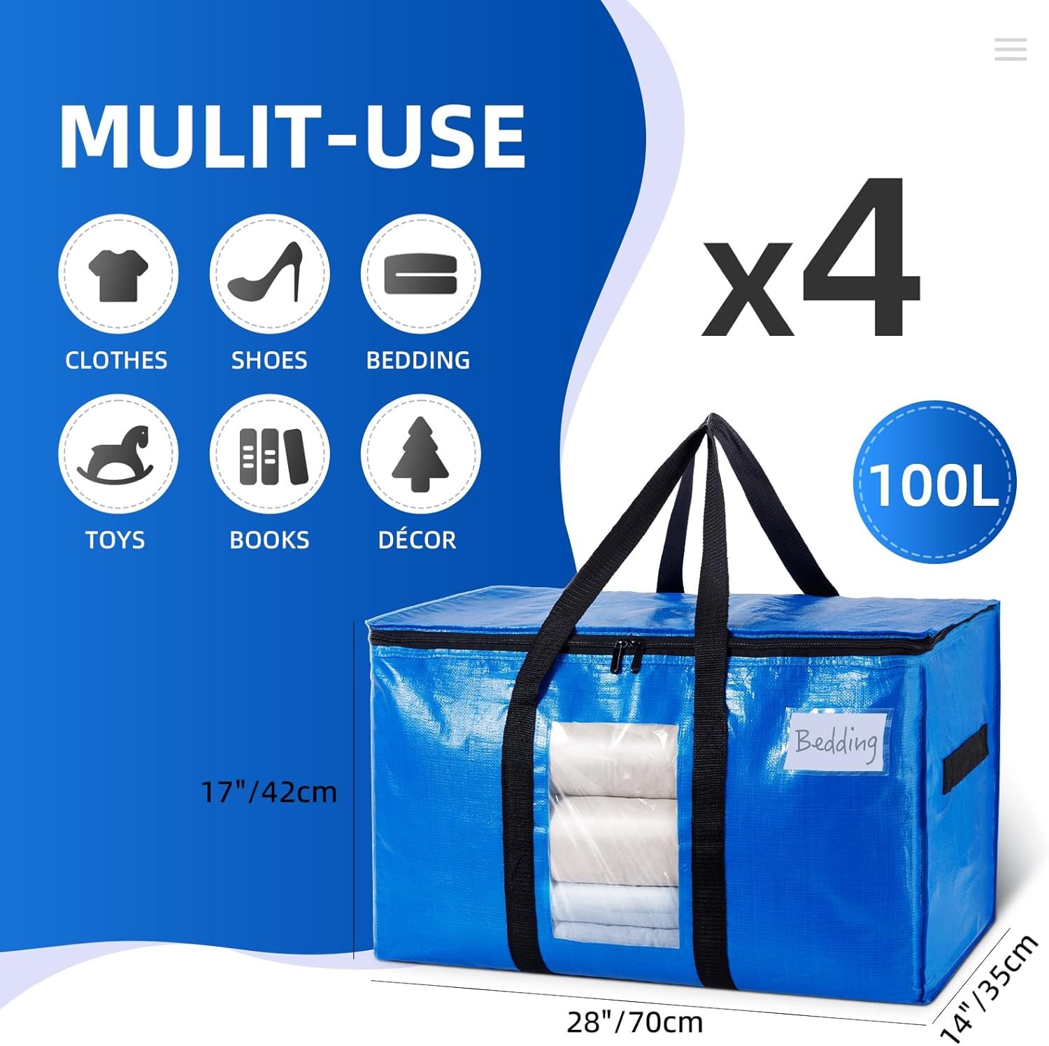 TAILI Extra Large Moving Bags, 4 Pack Heavy Duty Totes For Storage with Visible Window, Wrap Around Handles, Storage Bags for Space Saving Moving Storage, Alternative to Moving Boxes - Image 7