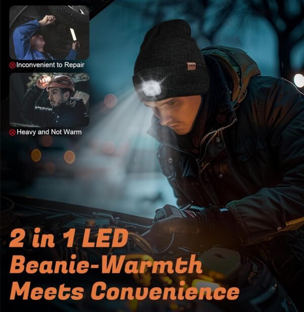 YunTuo Fleece Lined Beanie Headlamp Hat with Light, Rechargeable LED Winter Cap, Gifts for Men Women Husband - Image 4