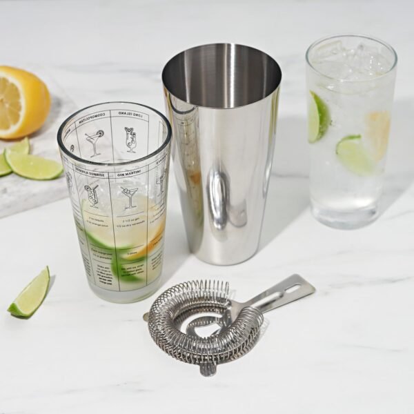 True 3-Piece Barware Set with 7 Cocktail Recipes and Measurements Printed on Mixing, Includes Shaker Tin and Hawthorne Strainer, Glass and Stainless Steel, Assorted - Image 8