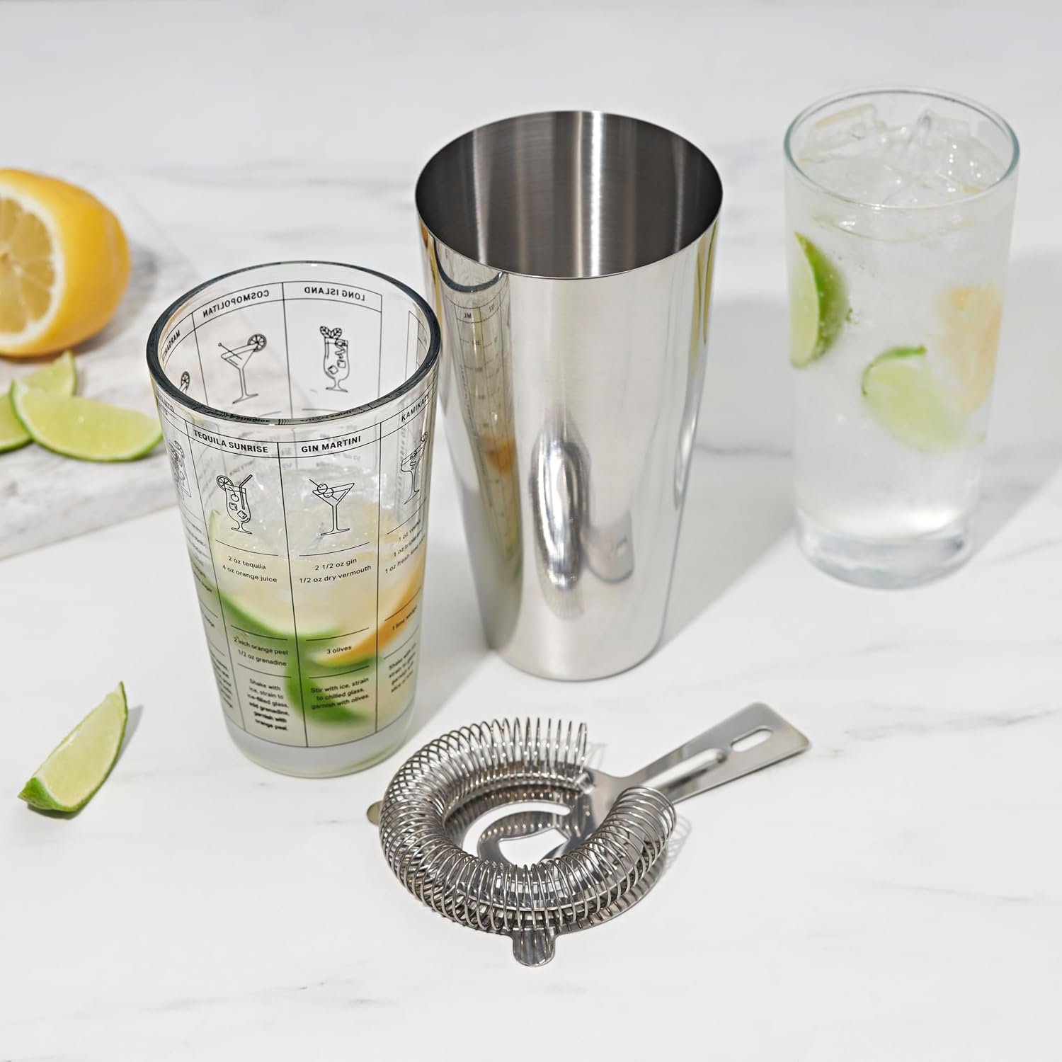 True 3-Piece Barware Set with 7 Cocktail Recipes and Measurements Printed on Mixing, Includes Shaker Tin and Hawthorne Strainer, Glass and Stainless Steel, Assorted - Image 8