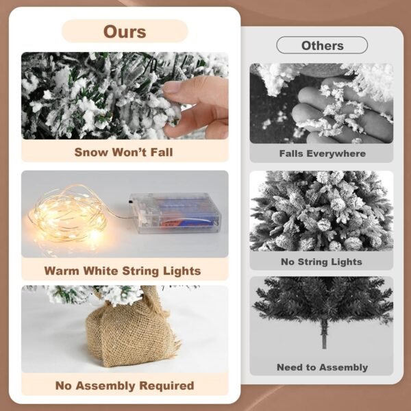 24 Inch 2FT Snowy Mini Christmas Tree, Small Tabletop Flocked Tree with LED Lights, Pine Cones, Balls, Star Tree Topper, Mini Gift Box and Cloth Bag Base, Xmas Decorations (Mini Christmas Tree) - Image 5