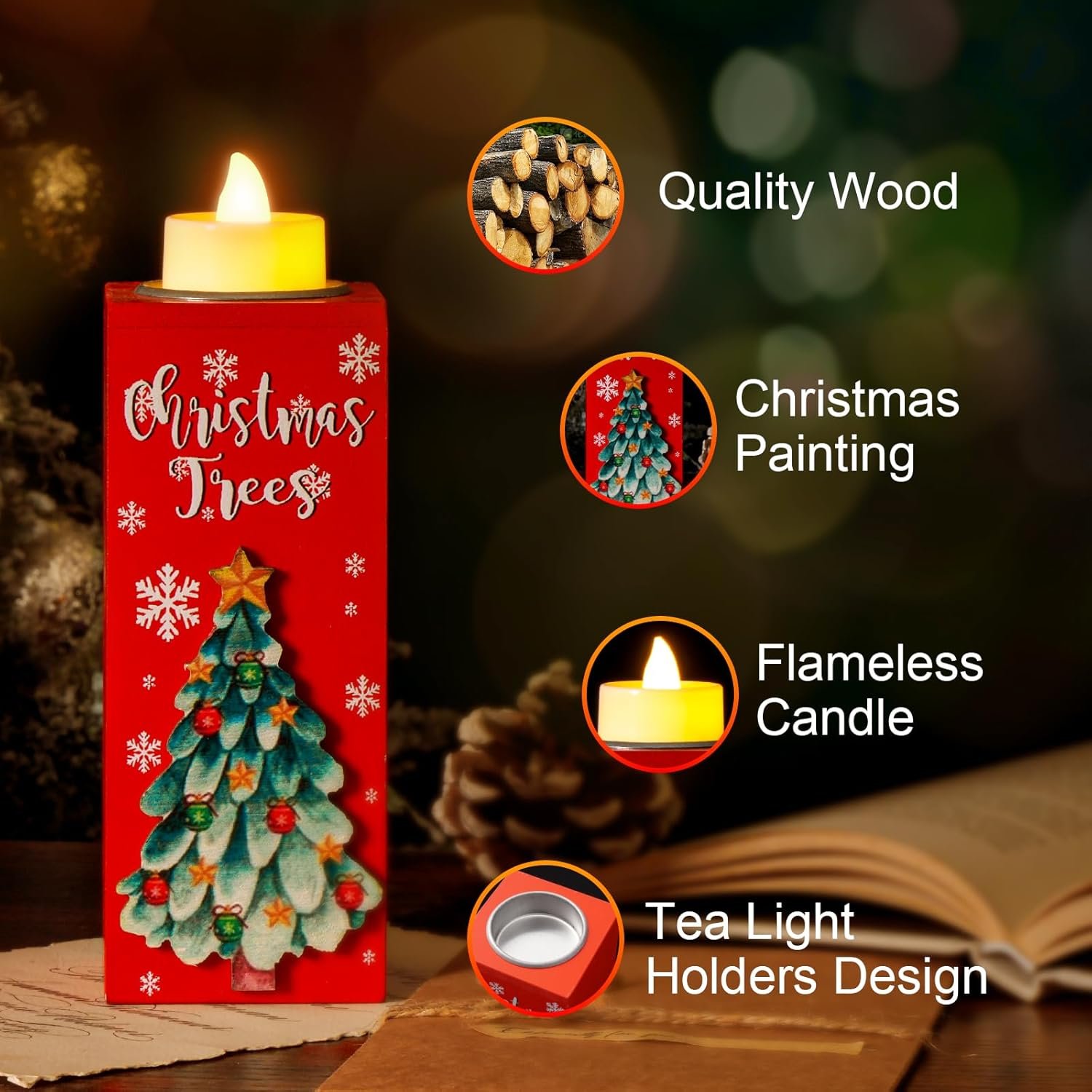 3Pcs Christmas Candle Holders with Battery Operated Tea Lights Candles, Flameless Candles with Wooden Candles Holder, Tealight Candle Holder for Christmas Tabletop Decorations/Gifts - Image 5