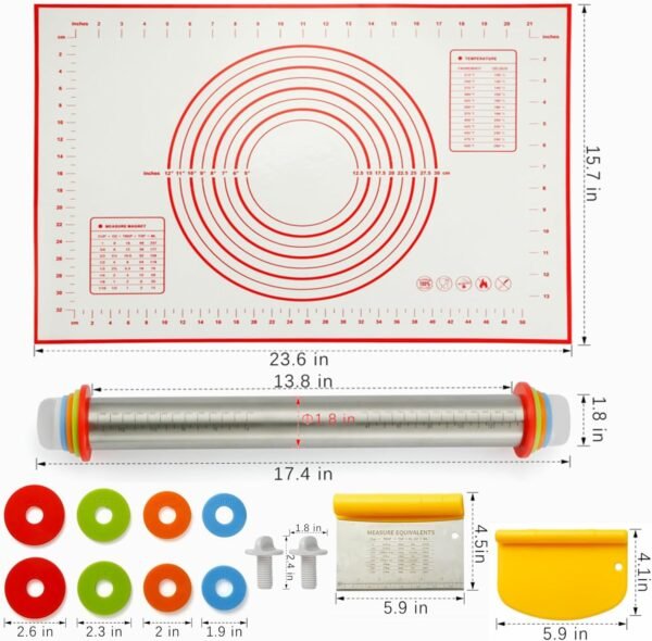 MIKULA Rolling Pin, Rolling Pins Thickness Rings and Silicone Baking Pastry Mat Set, Stainless Steel Dough Roller Rolling Pins for Baking & Bench Scraper For Pizza, Cookies, Pie, Pasta, Pastries - Image 6