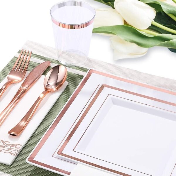 FOCUSLINE 175 Piece Rose Gold Dinnerware Set for 25 Guests- Square Plastic Plates with Rose Gold Rim- Including Disposable 25 Dinner Plates, 25 Dessert Plates, 25 Napkins, 25 Cups, 25 Silverware Set - Image 4