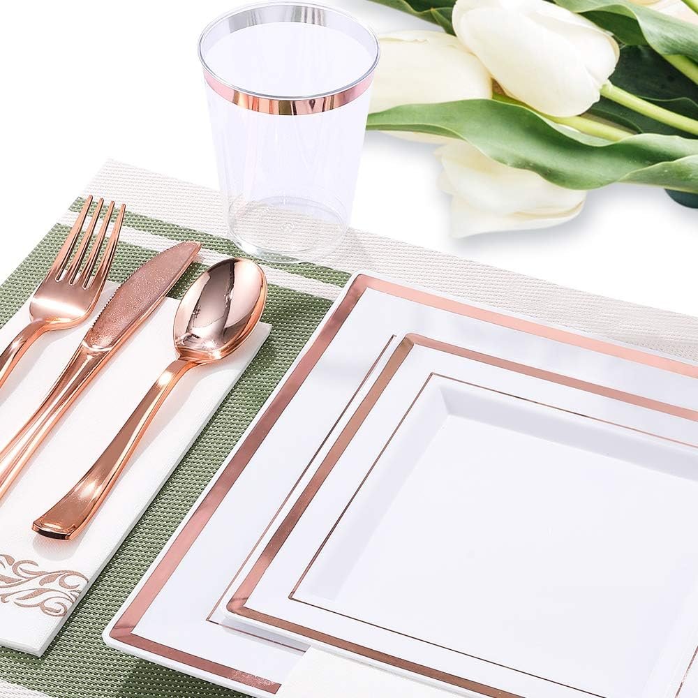 FOCUSLINE 175 Piece Rose Gold Dinnerware Set for 25 Guests- Square Plastic Plates with Rose Gold Rim- Including Disposable 25 Dinner Plates, 25 Dessert Plates, 25 Napkins, 25 Cups, 25 Silverware Set - Image 4