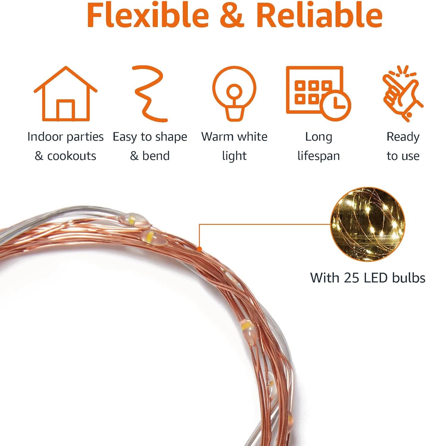 Amazon Basics 9ft 25 LED Fairy Lights, Battery Powered Outdoor String Lights for Bedroom, 2-pack (50 LEDs total), Warm White - Image 4