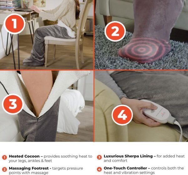 Calming Cozy by Sharper Image Personal Sherpa Wrap with Electric Heating Massaging Vibrating Foot Bed, 3 Heat & 3 Massage Settings for 9 Relaxing Combinations - Image 6