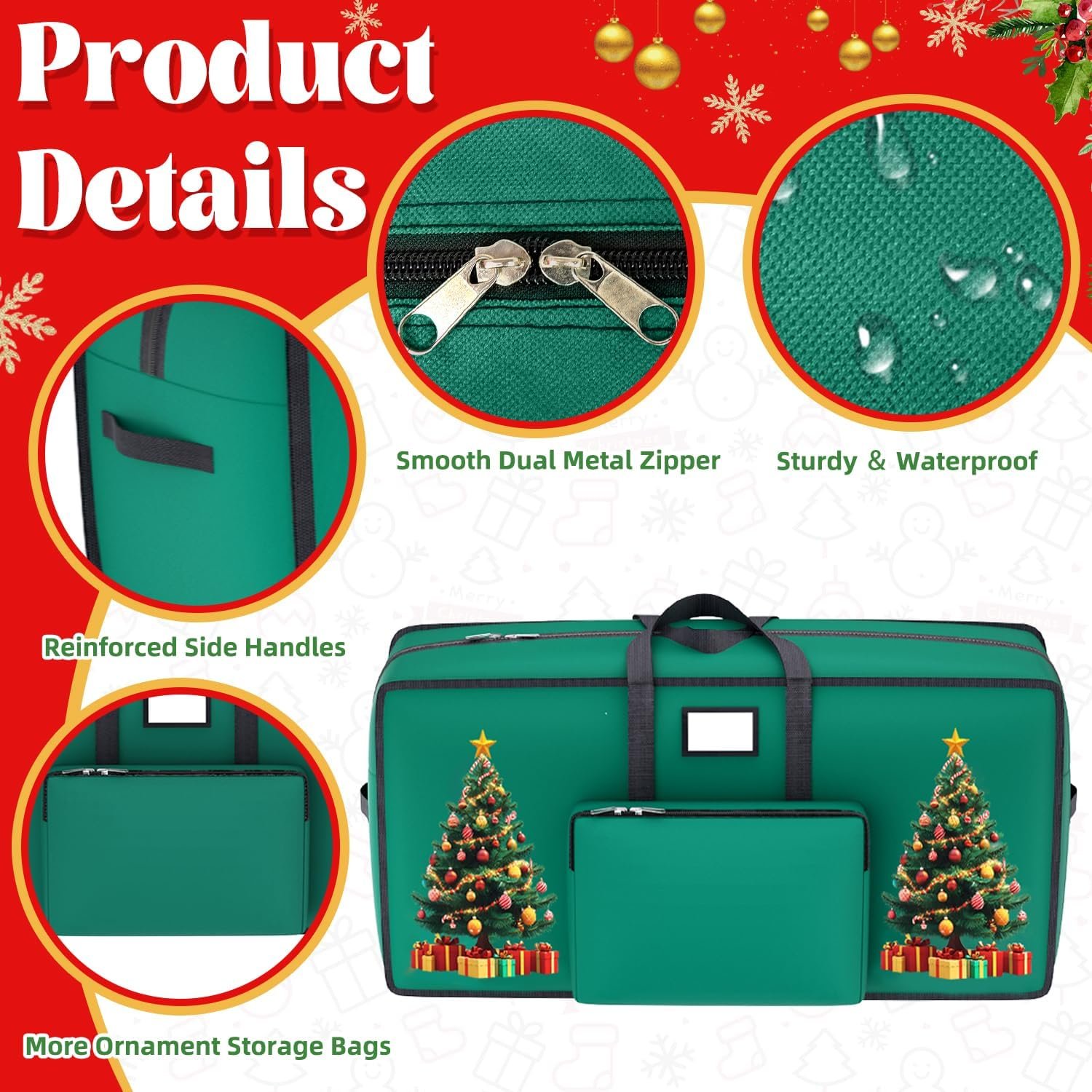9FT Christmas Tree Storage Bag Heavy Duty 600D Oxford Fabric Extra Large Tree Storage Container with Reinforced Handles and Dual Zippers Green Xmas Tree Storage Bag for Christmas Tree Storage - Image 5