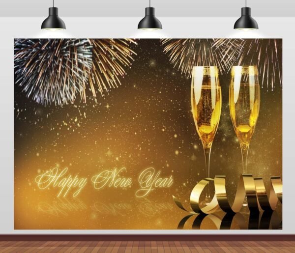 15x10ft Fabric Happy New Year Backdrop Champagne Glasses and Fireworks Gold Shining Background Cheers to The New Year Festival Celebration Holiday Party Decorations Photo Studio Props - Image 2