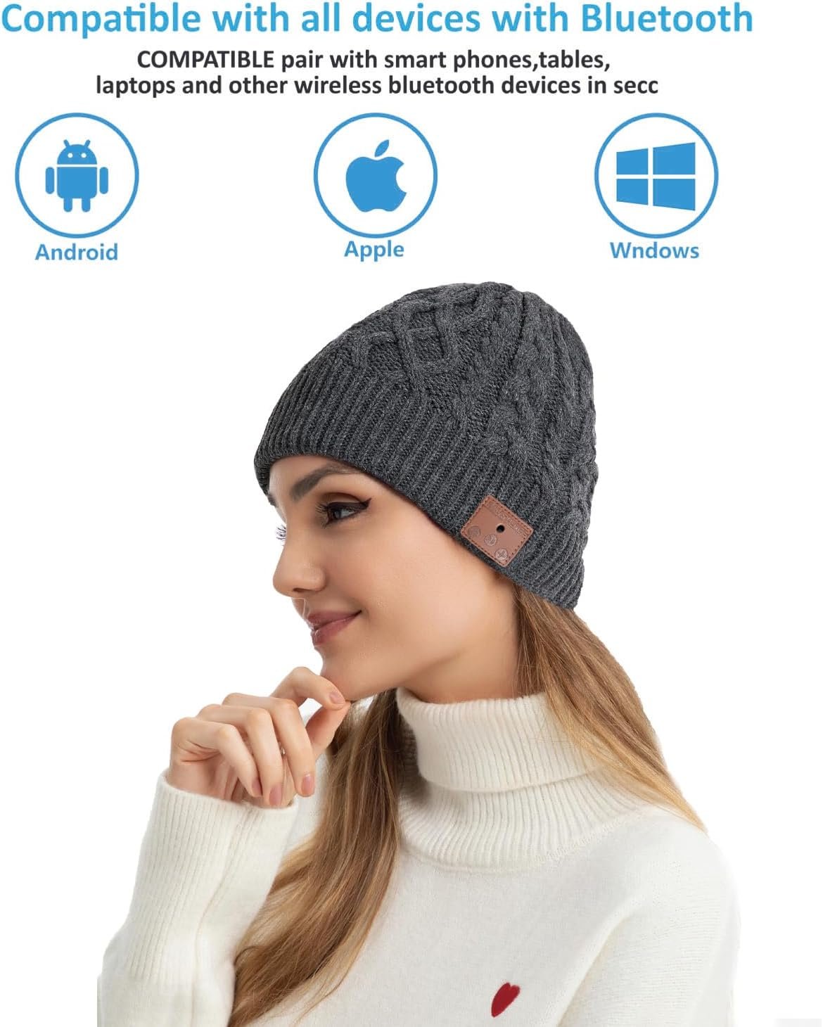 Bluetooth Beanie,Bluetooth V5.2, 24 Hour Play time, Built-in Microphone and HD Stereo Speakers, Wool Lined for Outdoor Homes and Gifts - Neutral(Charcoal) - Image 5