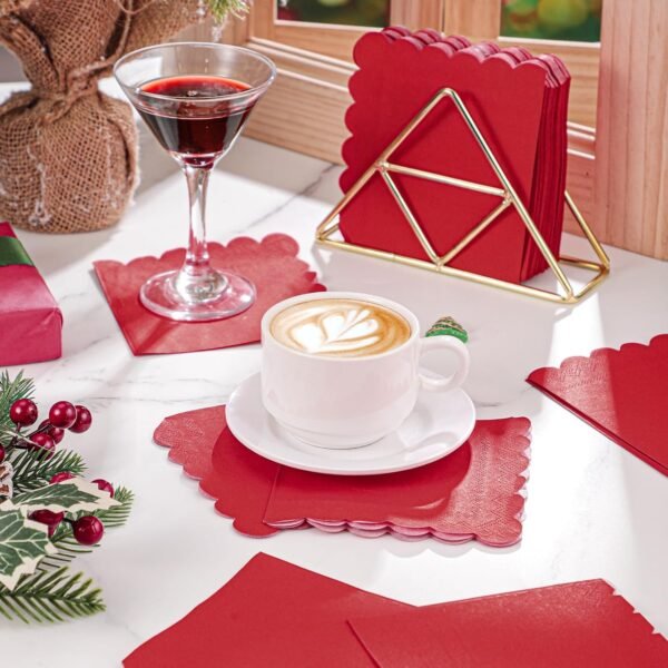 120 Pcs Red Napkins,Scalloped Red Cocktail Napkins Disposable Beverage Napkins Red Paper Napkins for Christmas Birthday Wedding Baby Shower, 5 x 5 Inch - Image 7