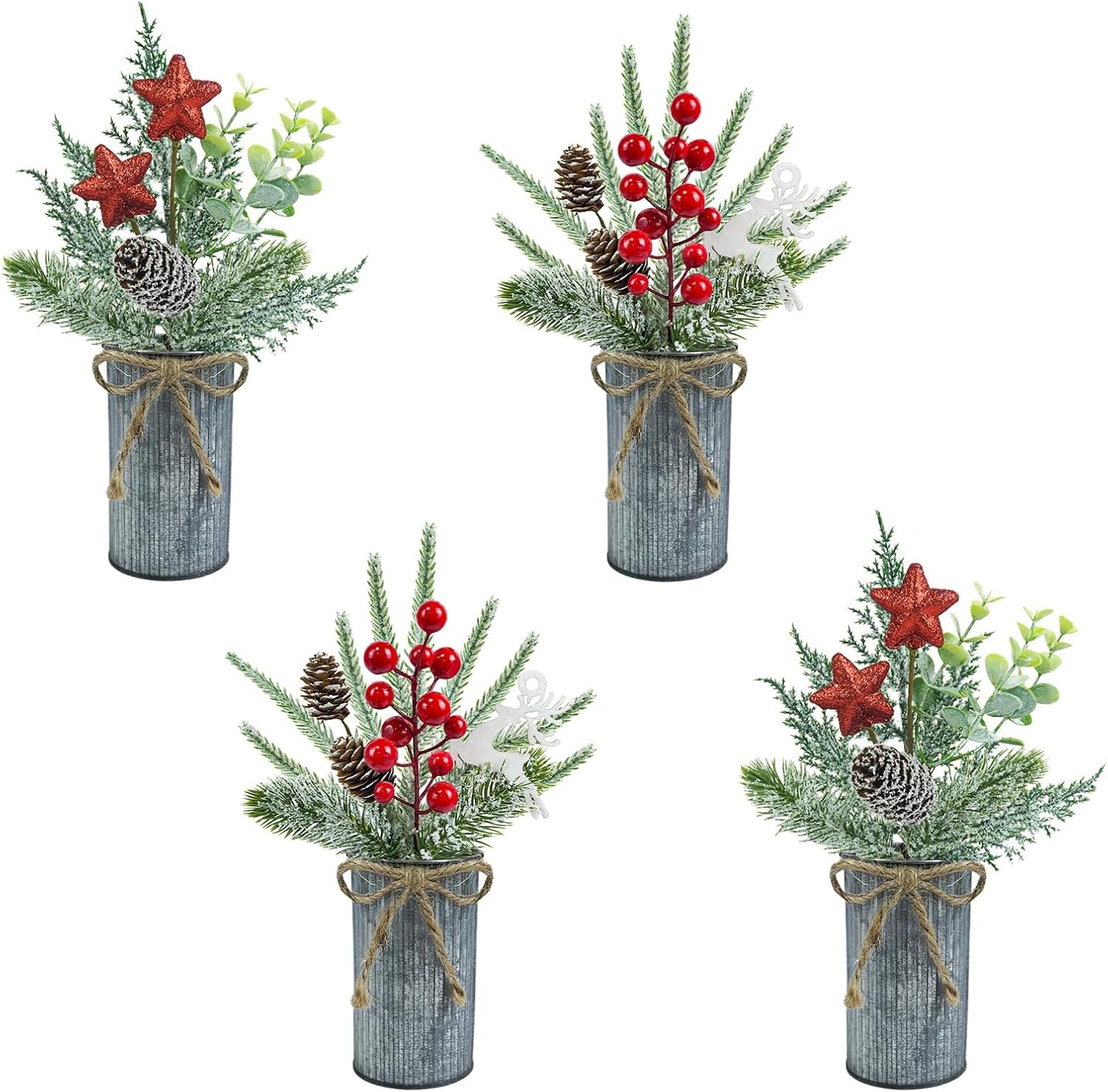 4 Pcs Christmas Centerpieces for Tables, Small Christmas Floral Arrangements Artificial Christmas Plants Christmas Berry Pine Cone Picks with vase for Holiday Home Farmhouse Party Decor - Image 2