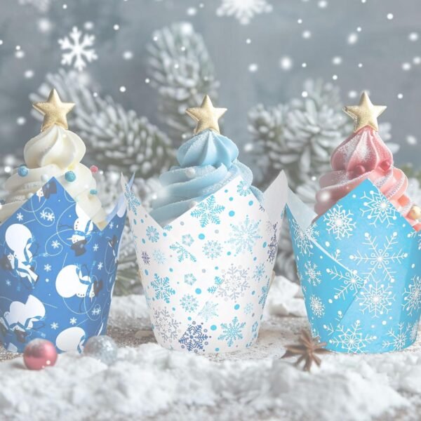 Whaline 180Pcs Winter Snowflake Tulip Cupcake Liners Christmas Snowflake Snowman Muffin Tulip Baking Cups Xmas Blue White Tulip Cupcake Wrappers for Holiday Party Supplies - Image 7