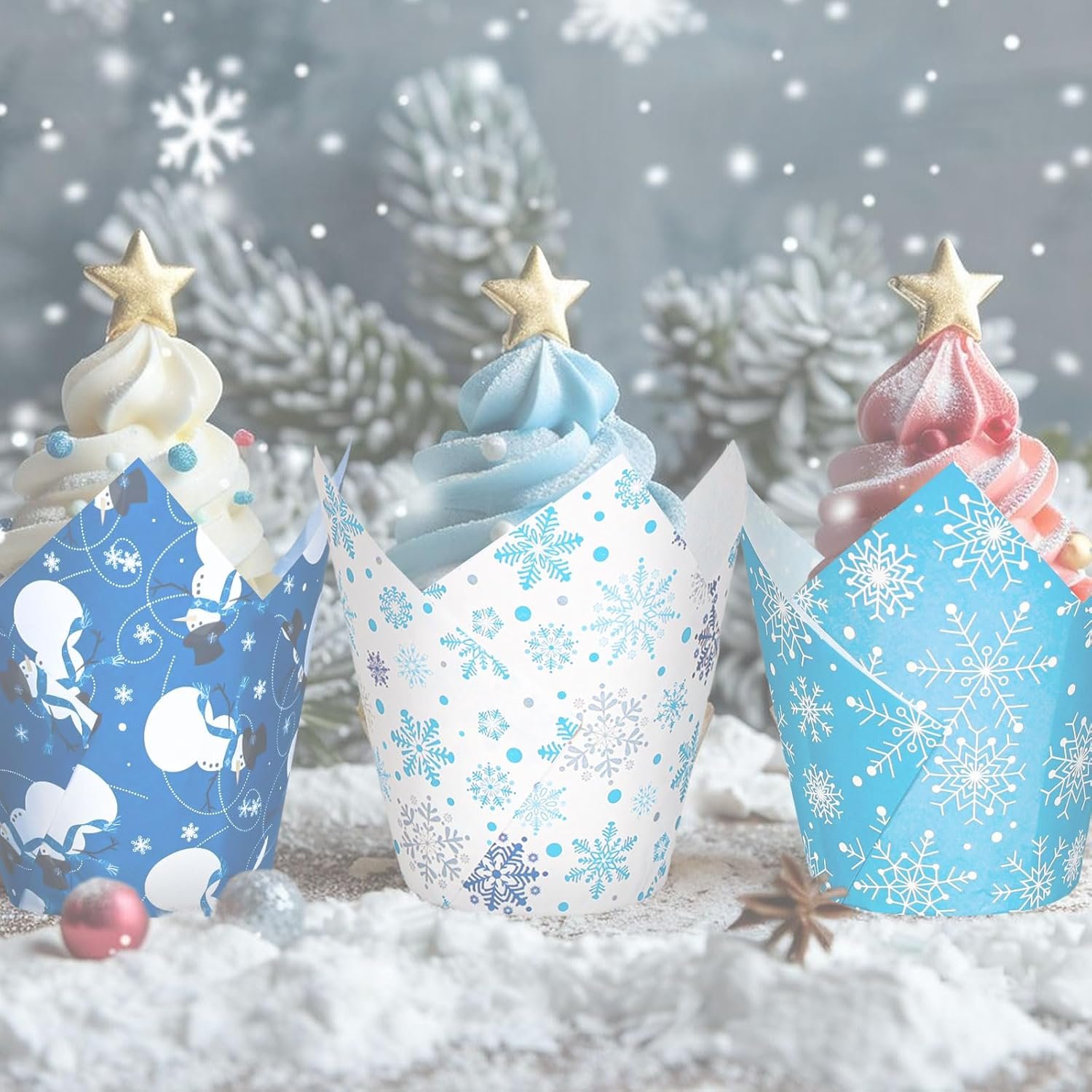 Whaline 180Pcs Winter Snowflake Tulip Cupcake Liners Christmas Snowflake Snowman Muffin Tulip Baking Cups Xmas Blue White Tulip Cupcake Wrappers for Holiday Party Supplies - Image 7